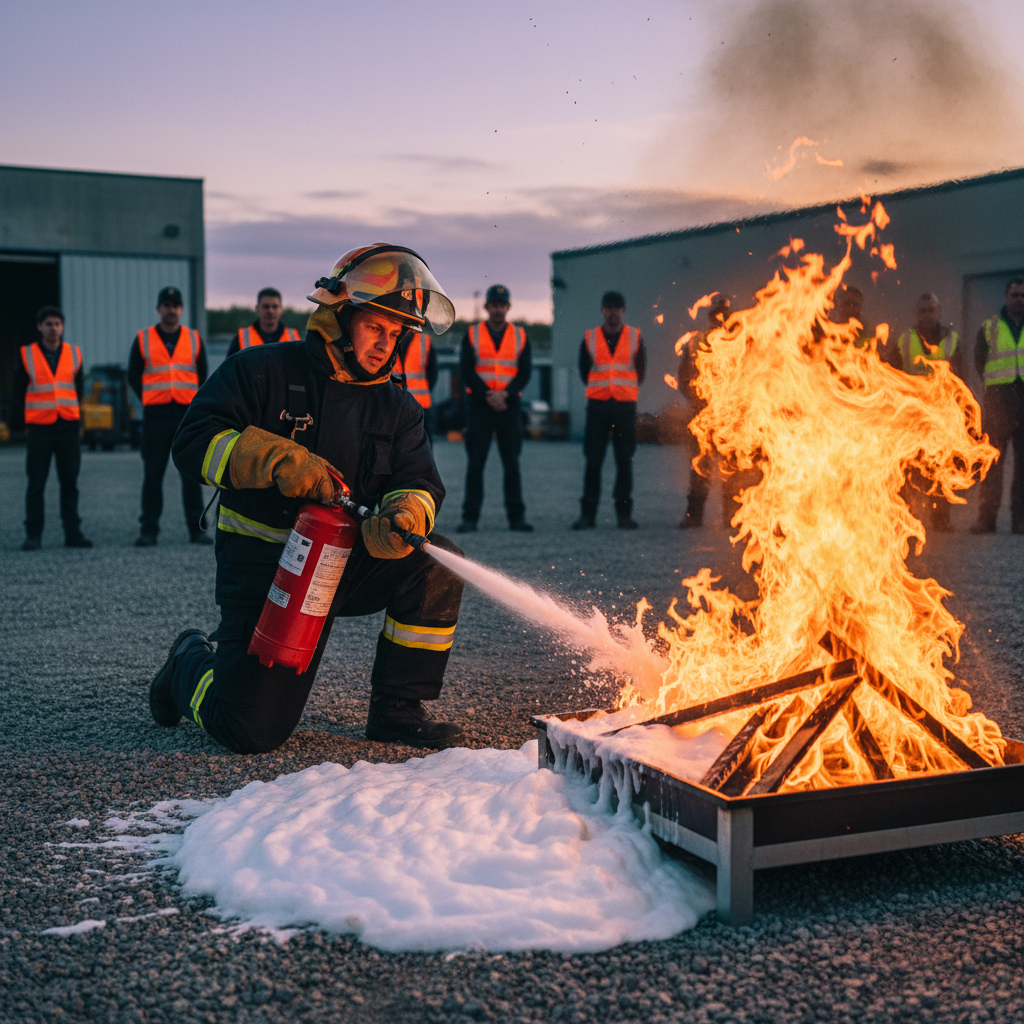 Fire safety trainer demonstrating extinguisher technique on a live burn tray outdoors with orange flames visible