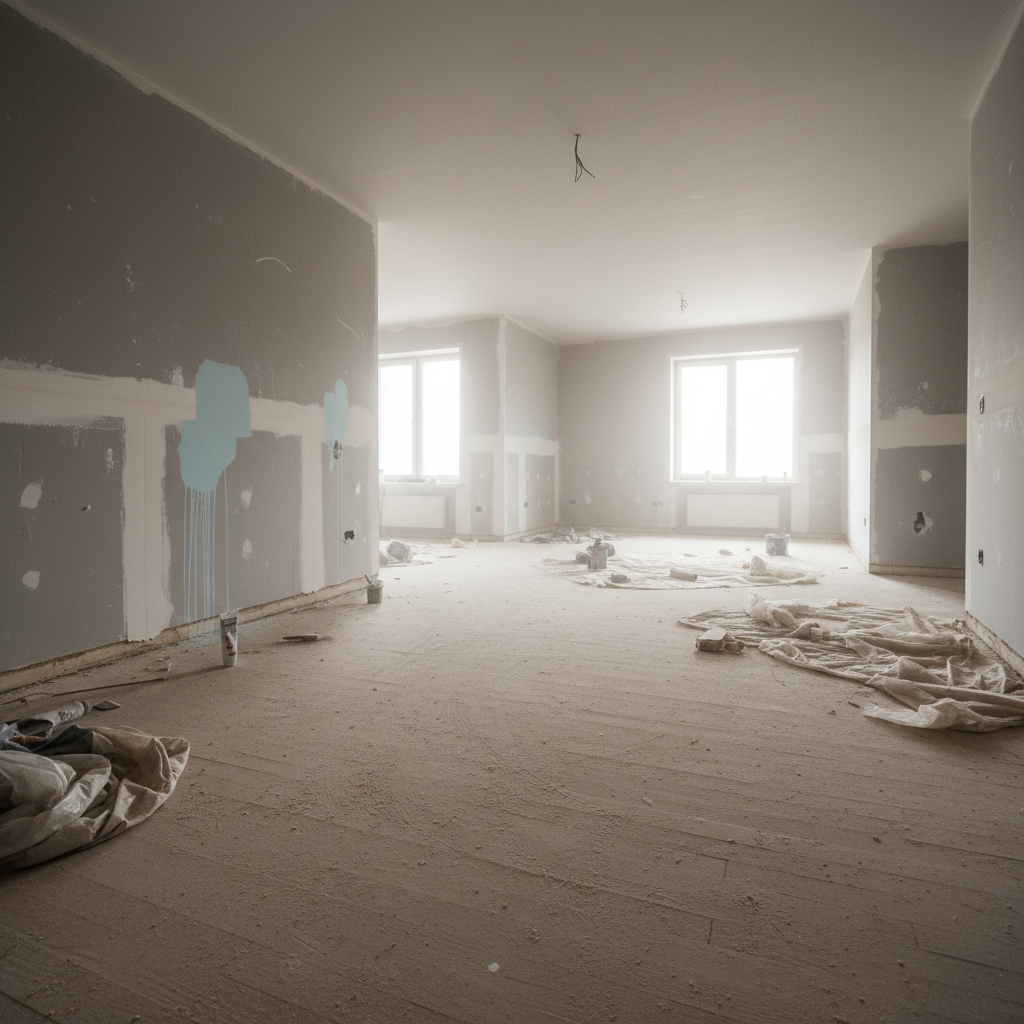 Empty kitchen under renovation with walls stripped and floor cleared of debris