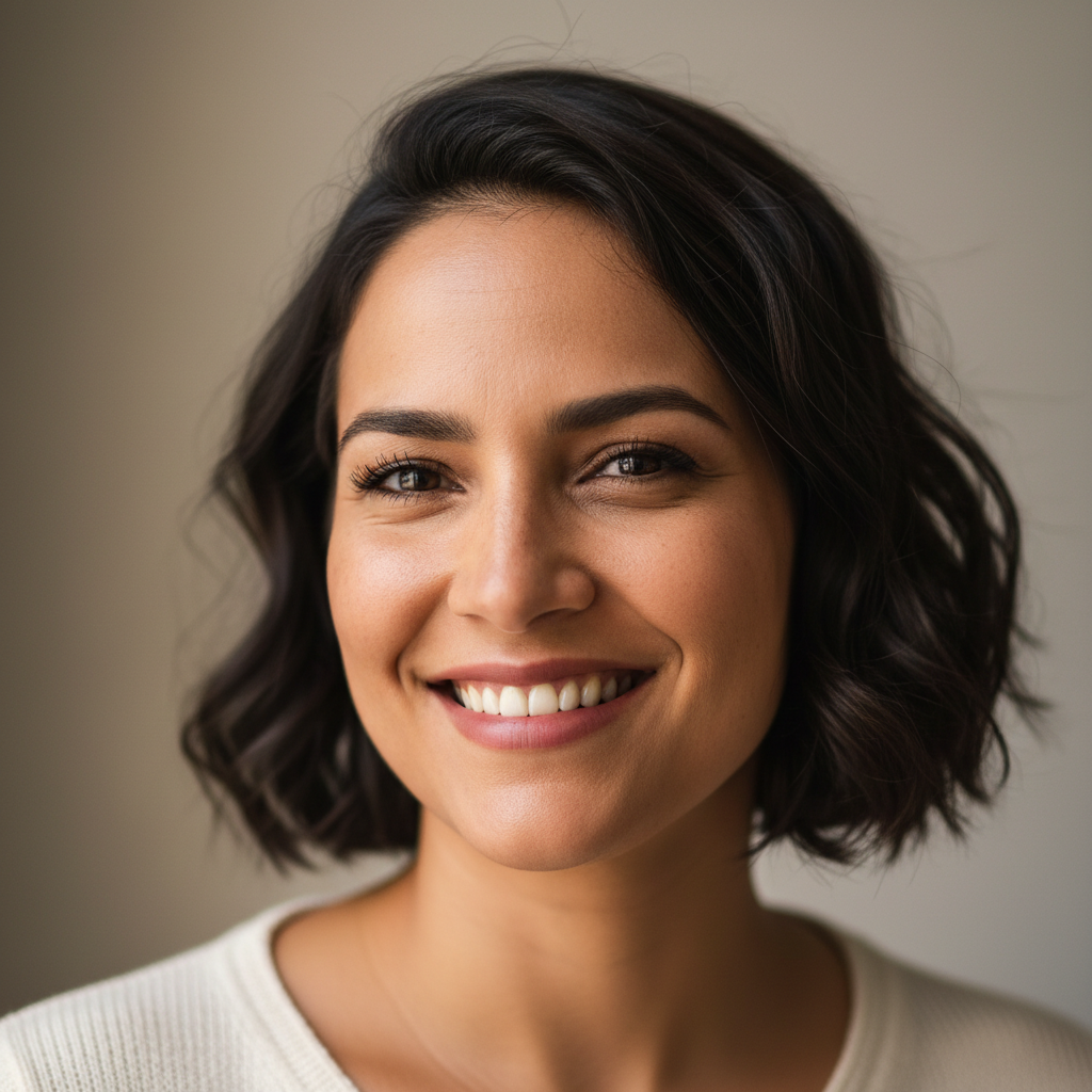 Mulher brasileira sorridente com cabelo escuro, foto de perfil profissional