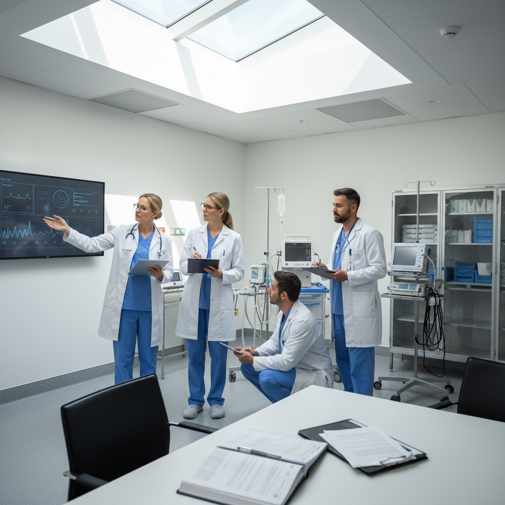 Medical professional analyzing patient data on multiple computer screens in modern healthcare facility