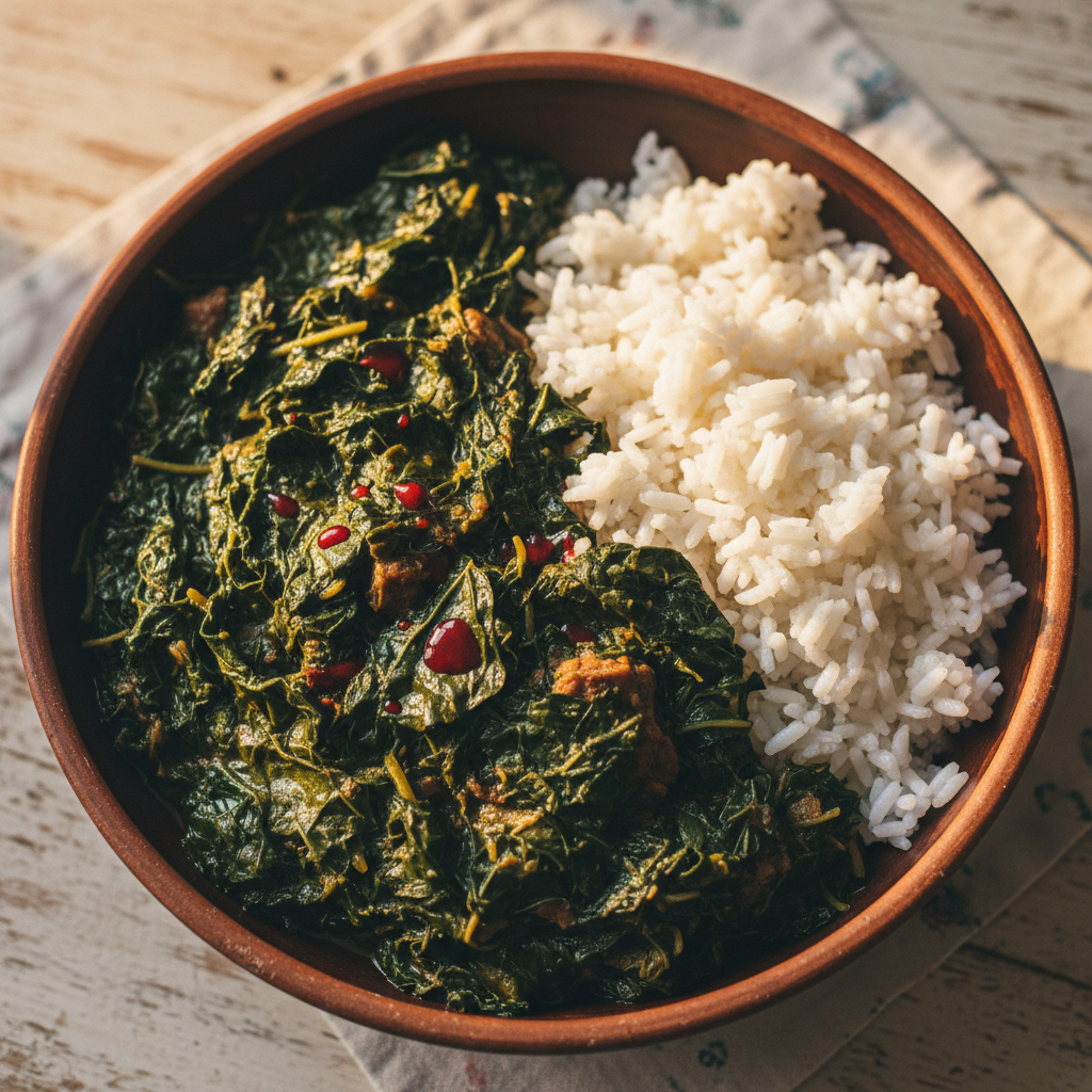 Dark green gboma jute leaf stew with rice in deep bowl