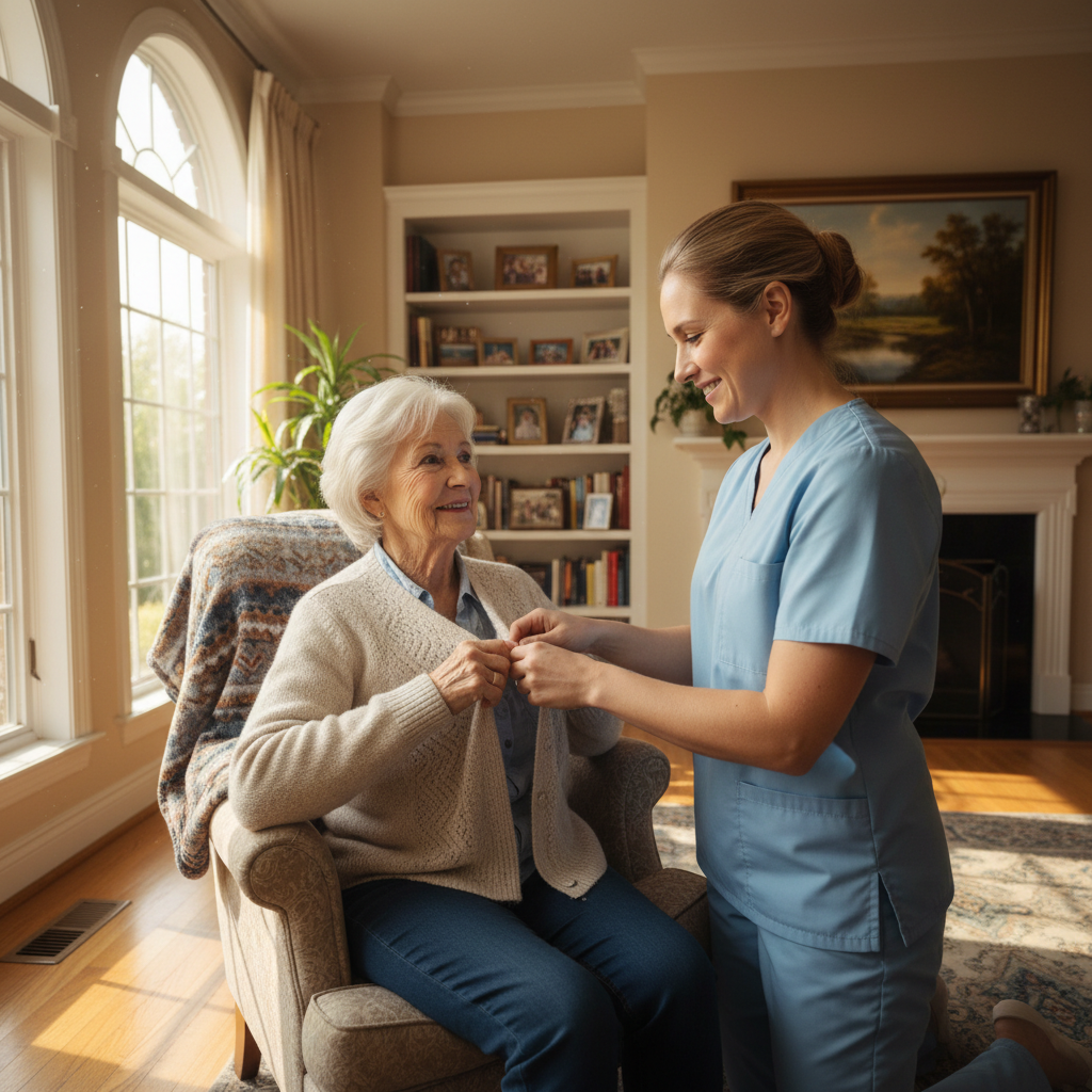 Caring professional assisting an elderly person with daily activities at home