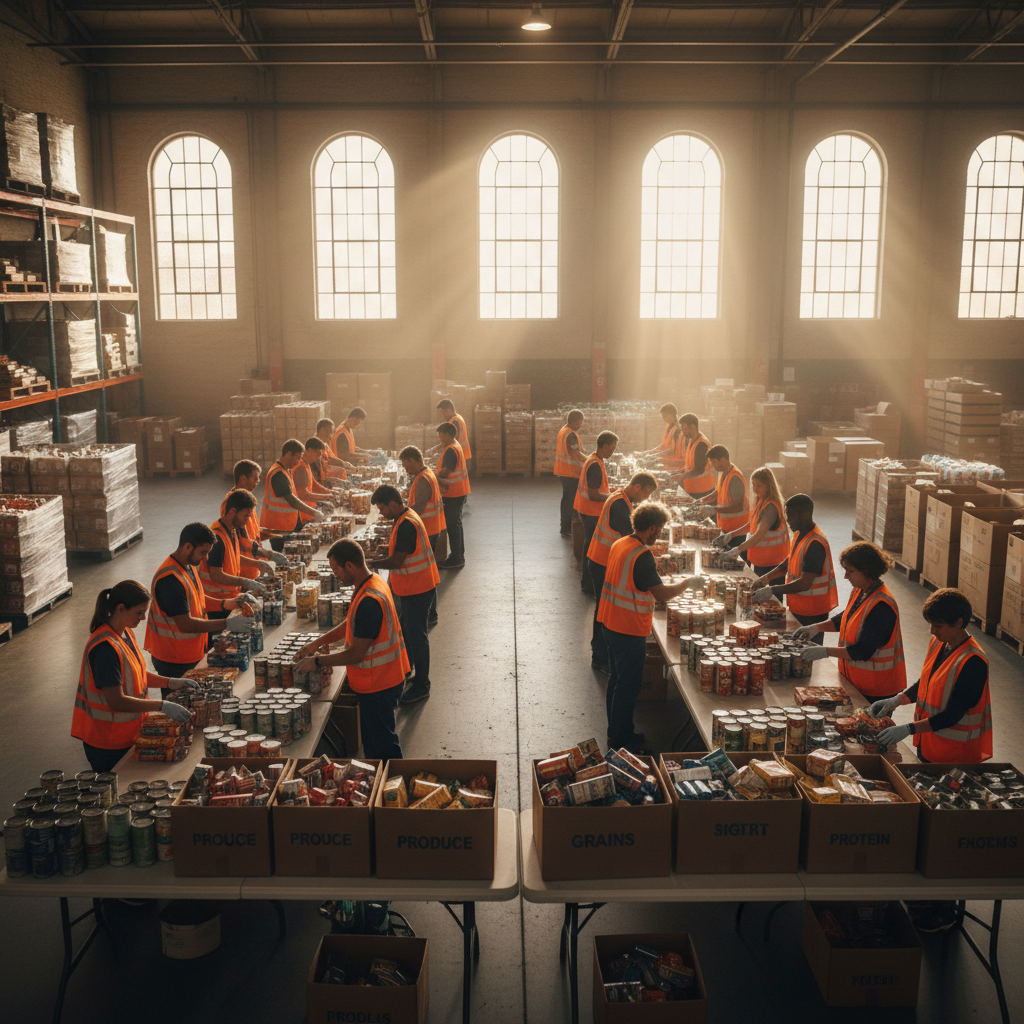 Volunteers in orange vests working together sorting food donations at long warehouse tables, early morning light