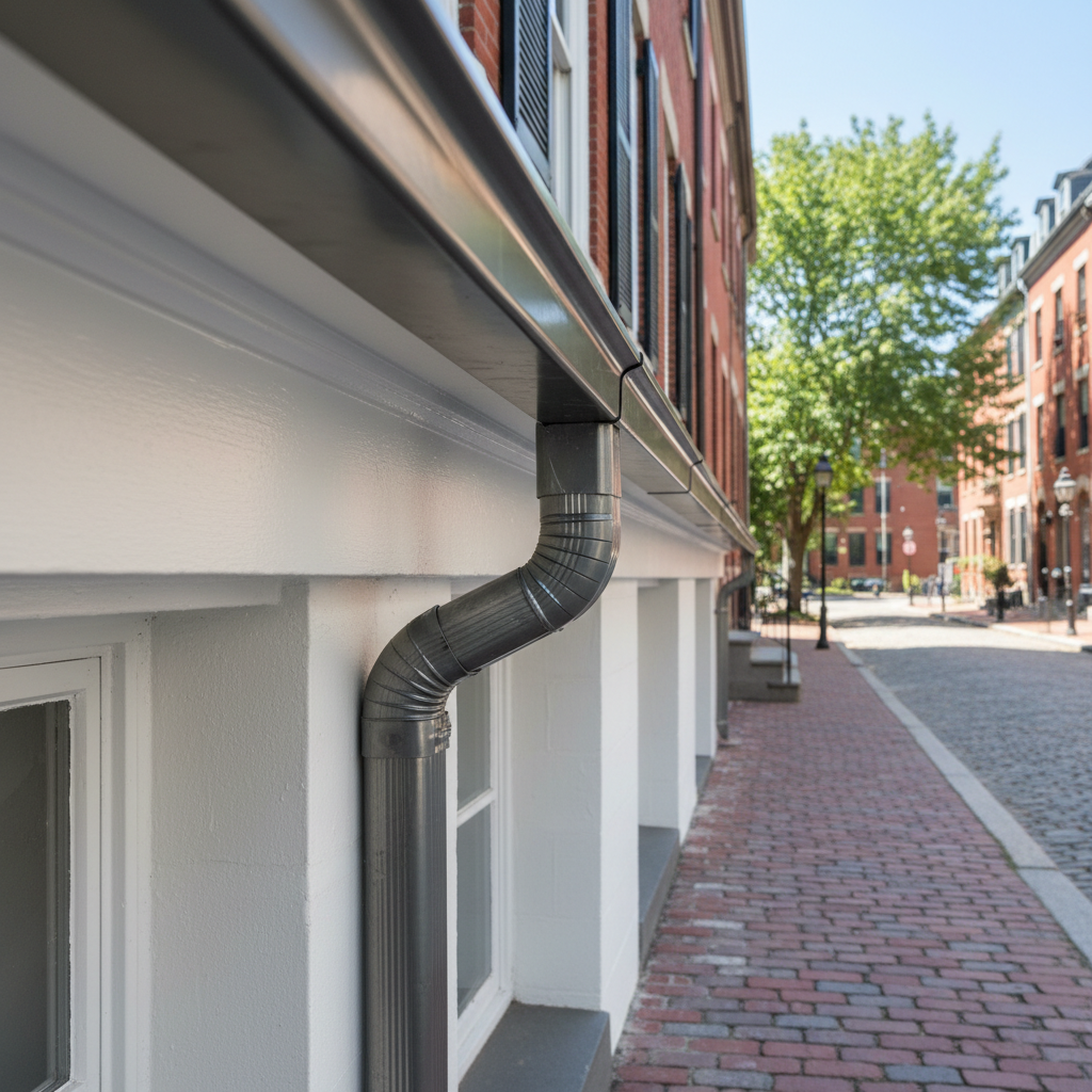 Downspout installation on brick home, clean white aluminum, bright exterior