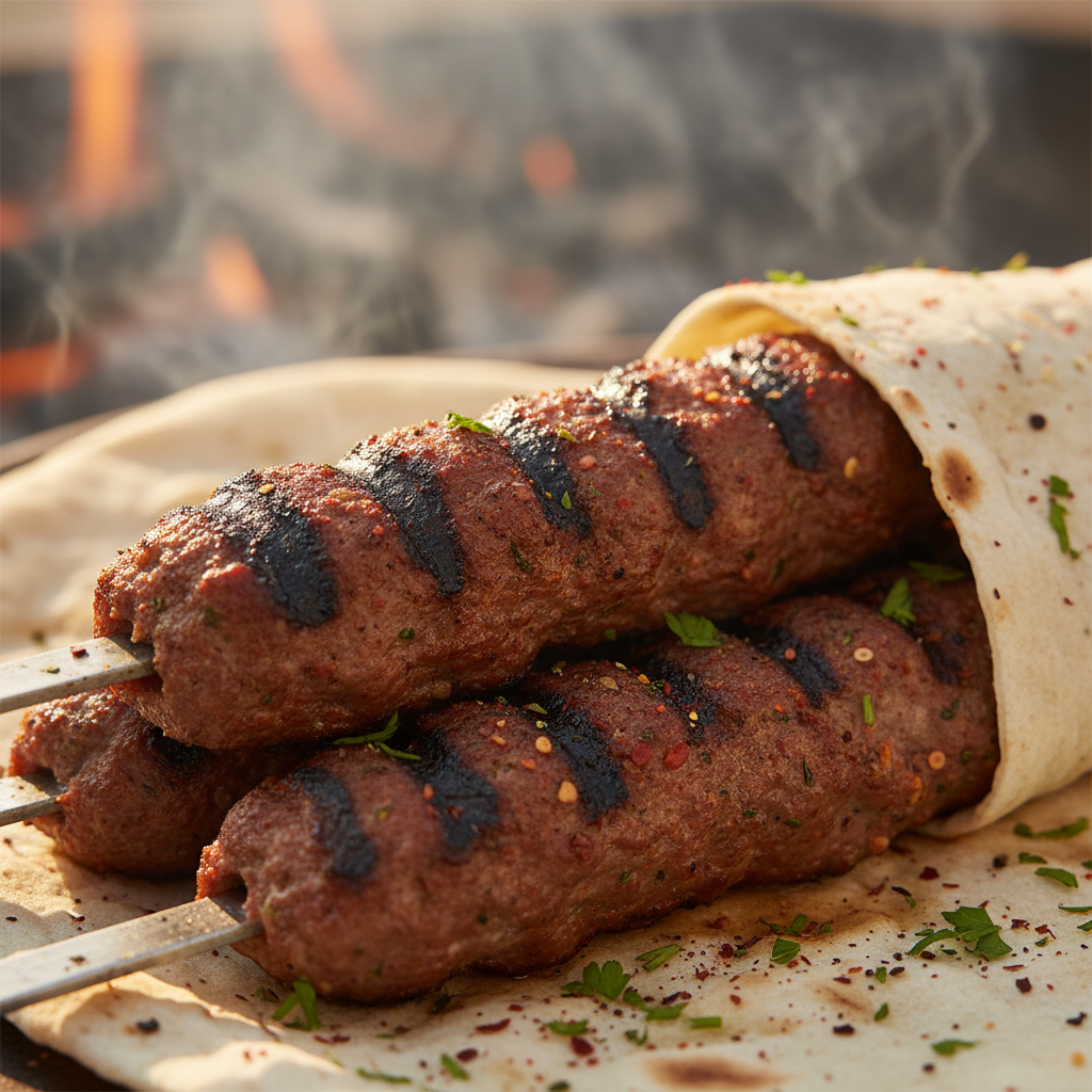 Grilled Adana kebab skewers with charred edges served with lavash bread