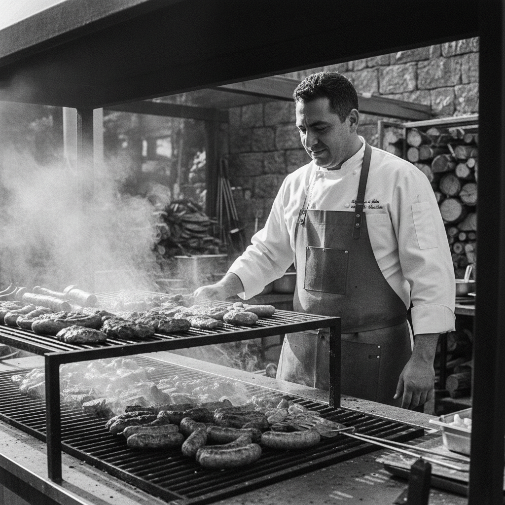 Chef Daniel Reyes standing at a parrilla in Mendoza Argentina, black and white photograph