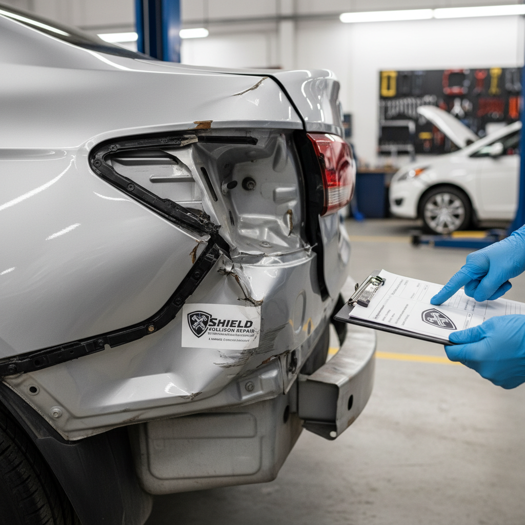 Damaged vehicle quarter panel before Shield collision repair assessment and insurance claim advocacy