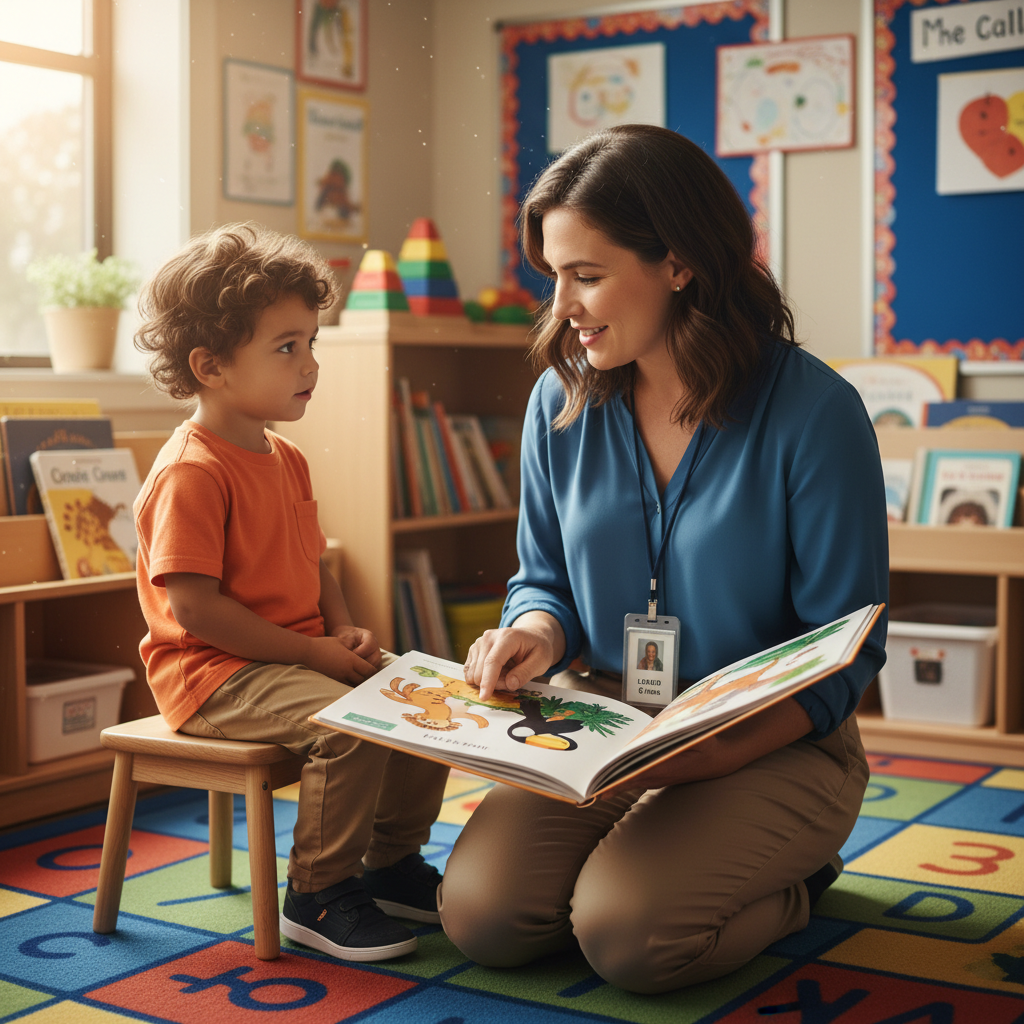 Credentialed lead teacher kneeling at eye level with a preschool child, warm classroom background