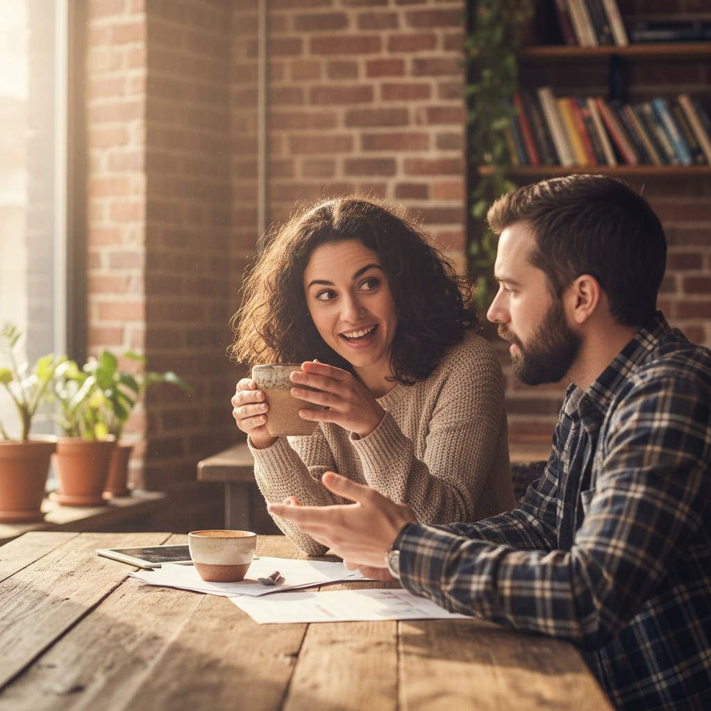 Two men in a candid conversation over coffee at a plain wooden table, honest and direct