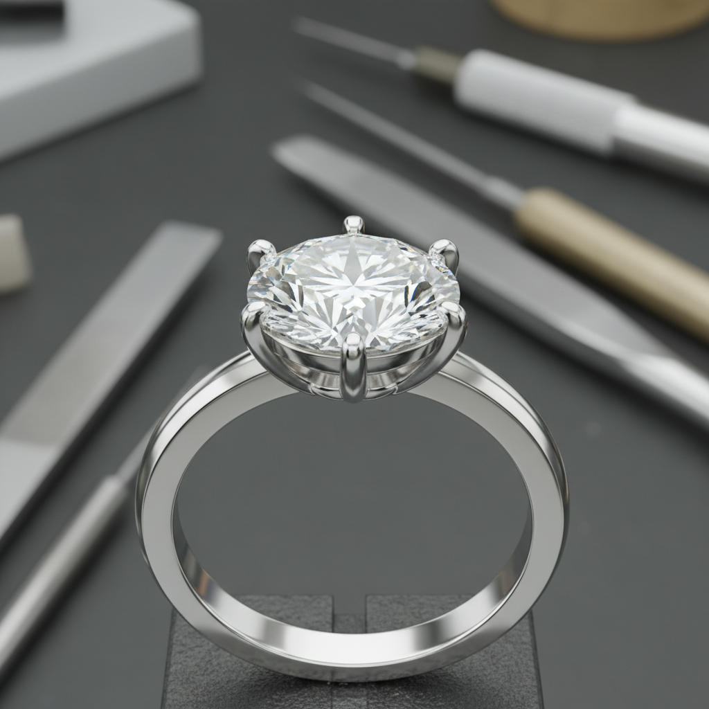 After stone setting intensive: precise four-prong setting with even height, polished prong tips, and secure stone