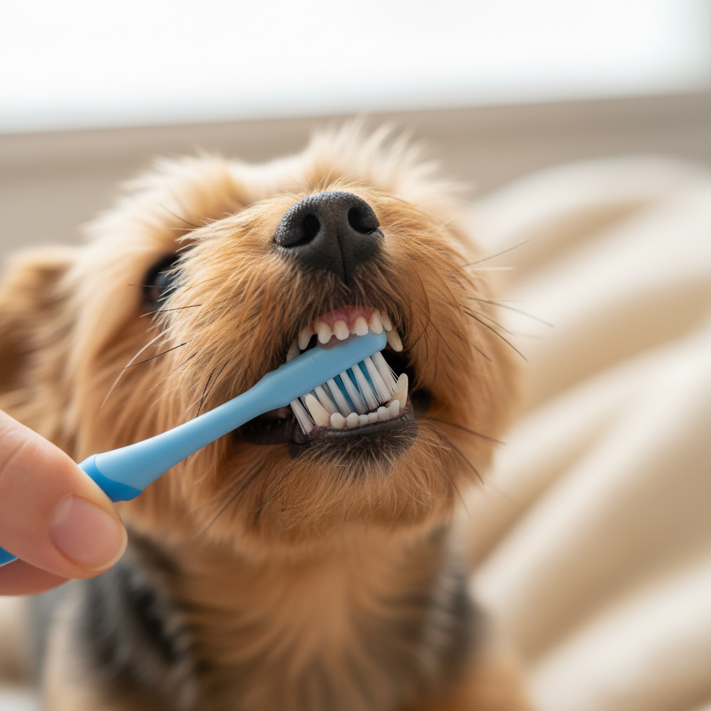 Tiny Yorkie teeth being carefully cleaned with a small toothbrush
