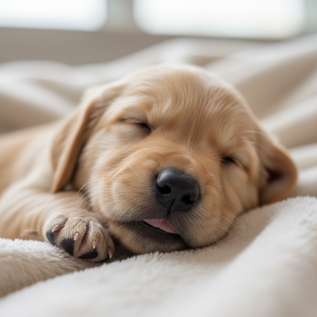 Tiny golden retriever puppy sleeping in a soft blanket, eyes closed peacefully