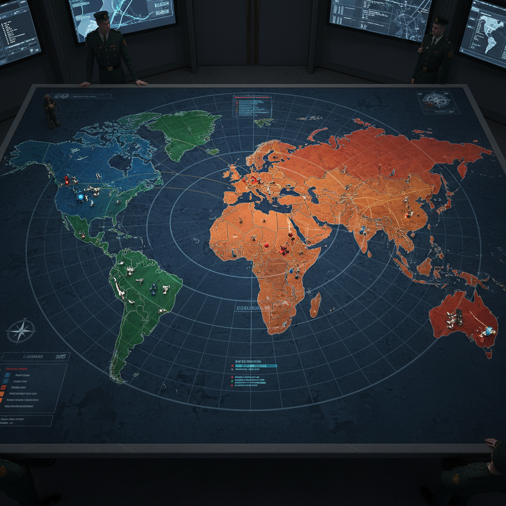 Strategy game map view with colorful territories, top-down perspective, warm lighting and detailed world map