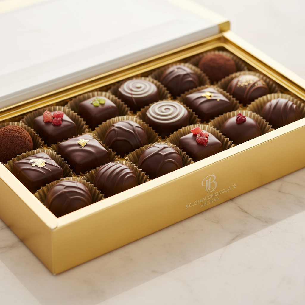 Luxury Belgian chocolate assortment in gold box, dark moody lighting, rich brown tones