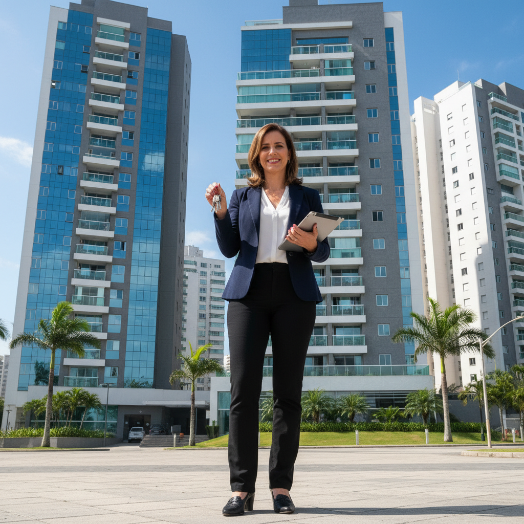 Asesora inmobiliaria profesional sonriendo en oficina moderna de Santiago