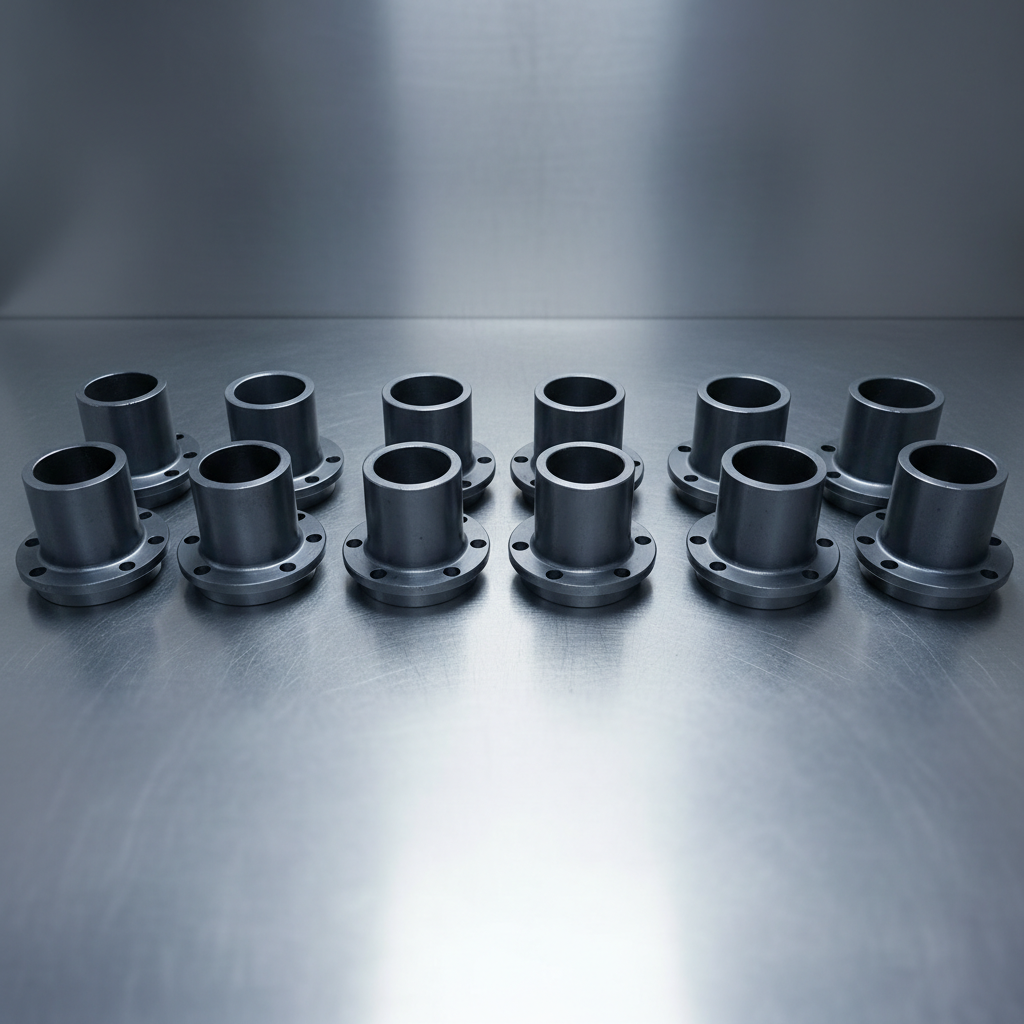 Industrial metal pipe flanges and fittings on a dark factory floor with dim lighting and heavy steel components