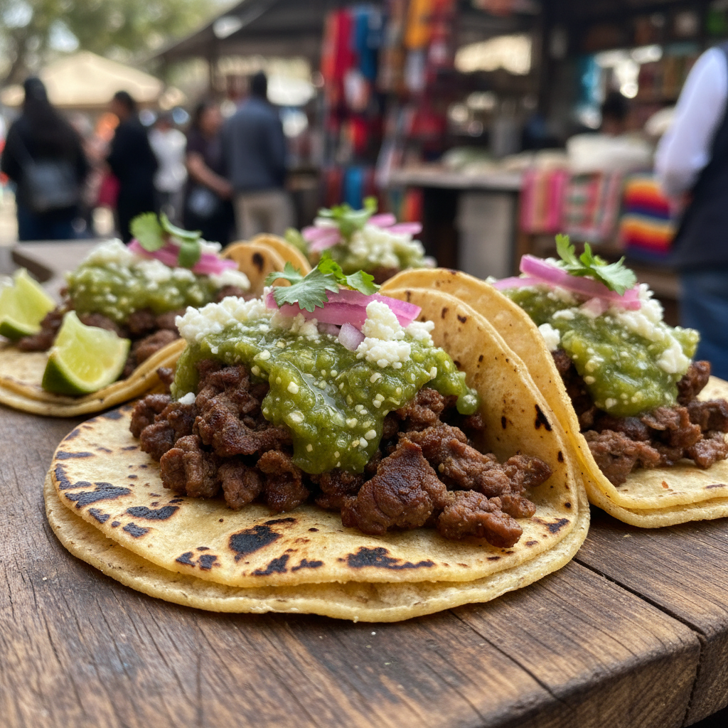 Colorful street tacos with fresh garnishes on rustic wooden board