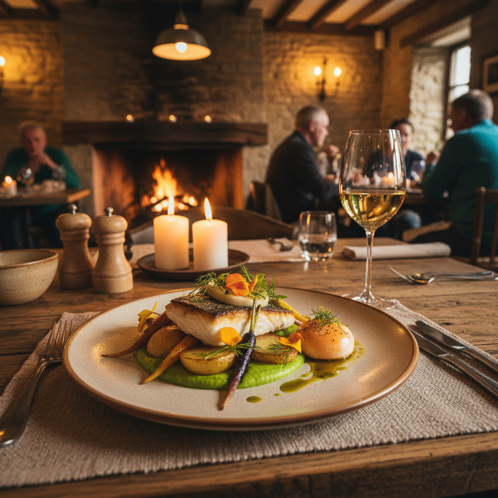 Beautifully plated food at The Felin Fach Griffin restaurant — rustic fine dining