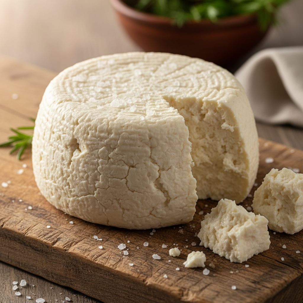 Fresh white cheese on wooden board