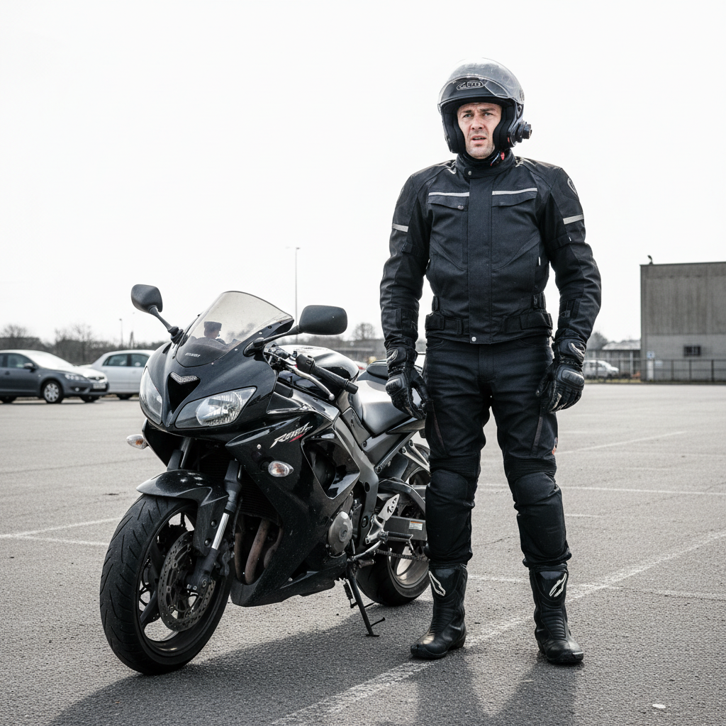 Nervous learner rider standing beside a motorcycle in a grey car park, flat overexposed light, Day 1 CBT Module
