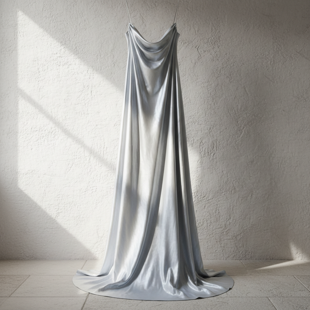 Silk dress hanging against a white plaster wall, the fabric catching light like water pooling on stone