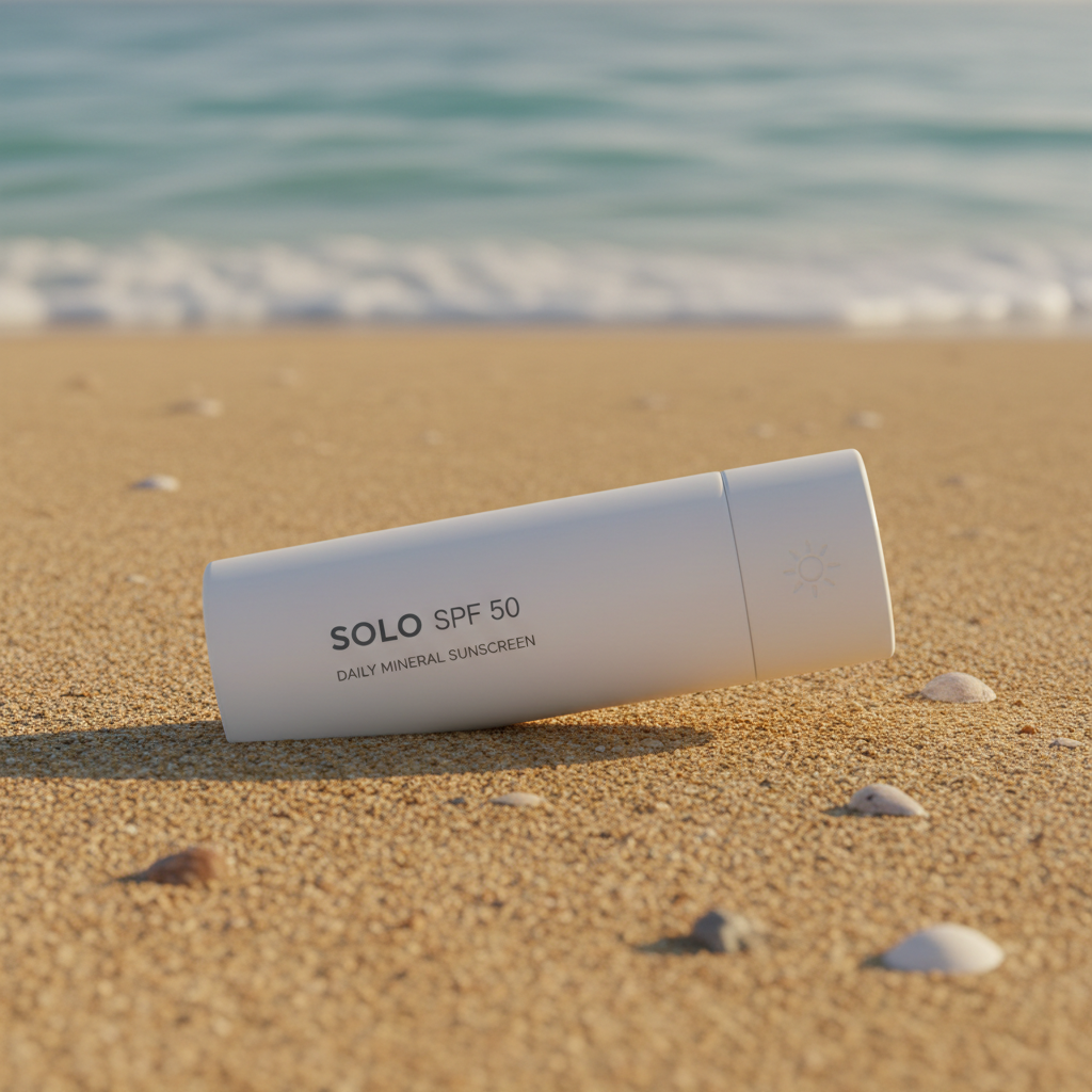Sunscreen tube with mineral zinc formula on sandy beige surface with tropical leaves, bright summer lighting