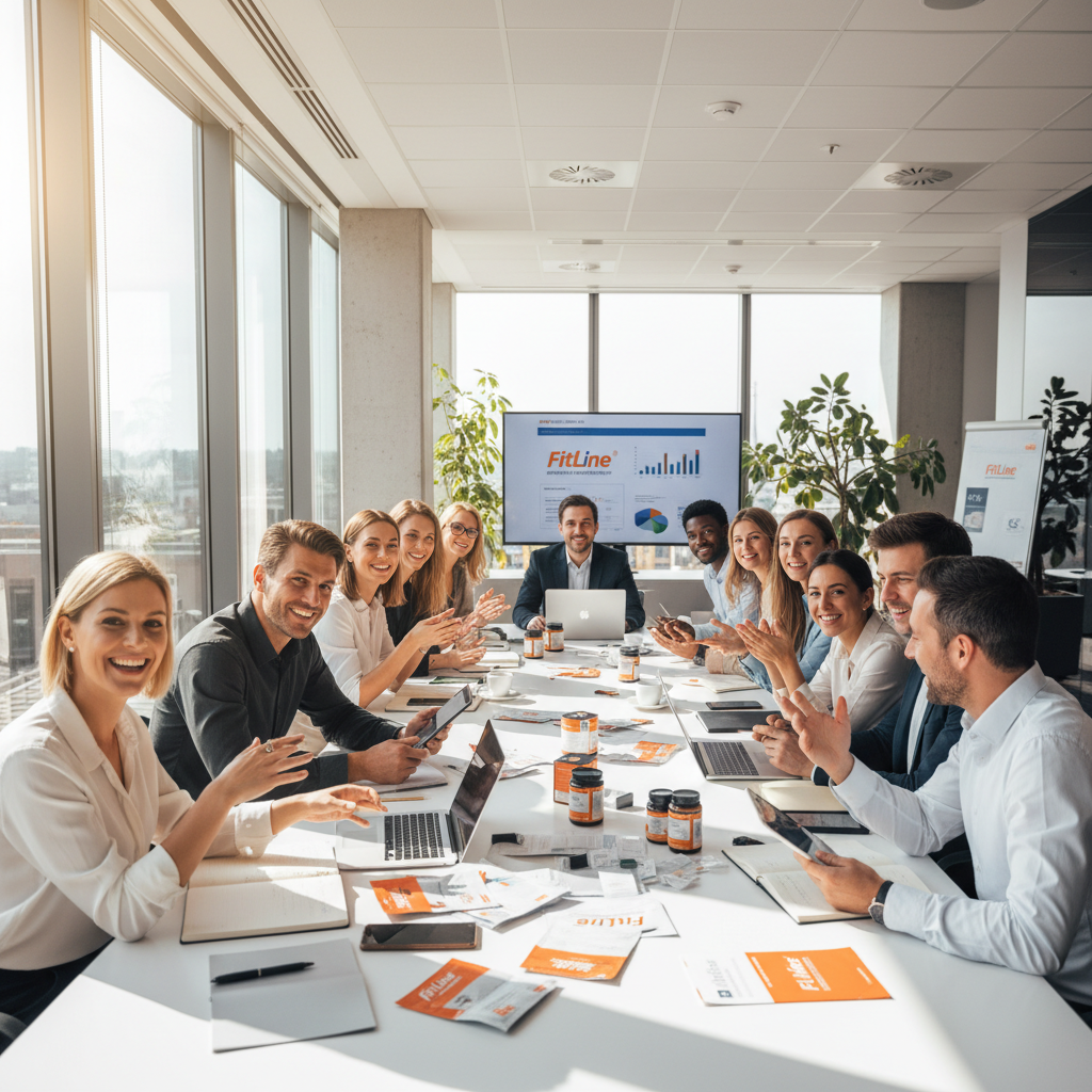 Team meeting in a professional office, diverse group smiling at camera, bright modern workspace