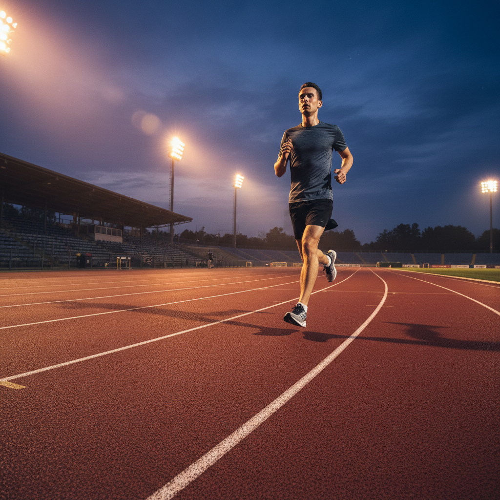 Distance runner on track at dusk, stadium lights casting long shadows, focused expression