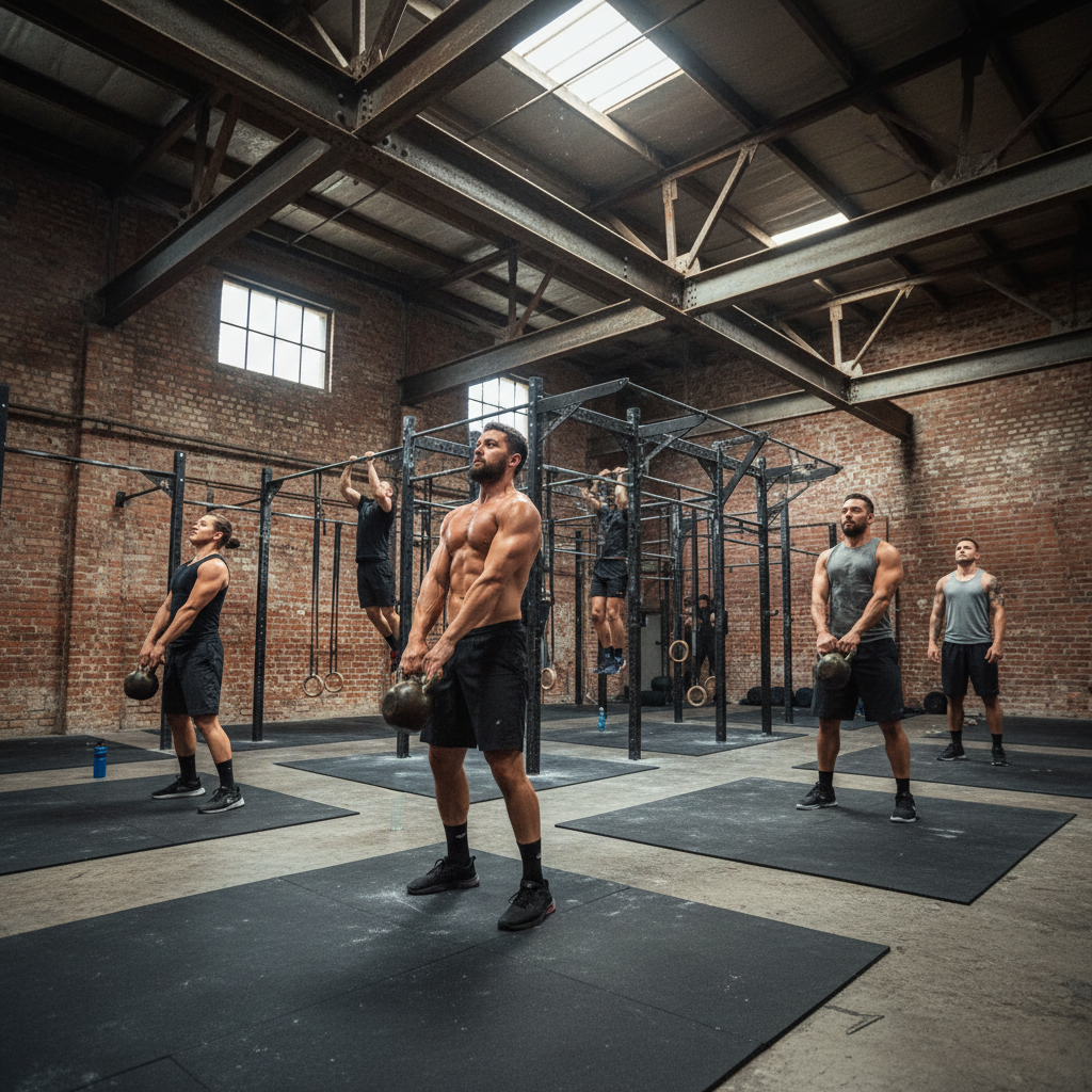 Athletes performing CrossFit box jumps in a dark industrial gym