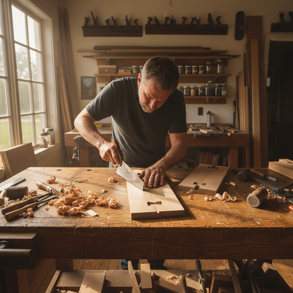 Craftsman hands fitting dovetail joinery on a custom white oak cabinet door in a Denver workshop