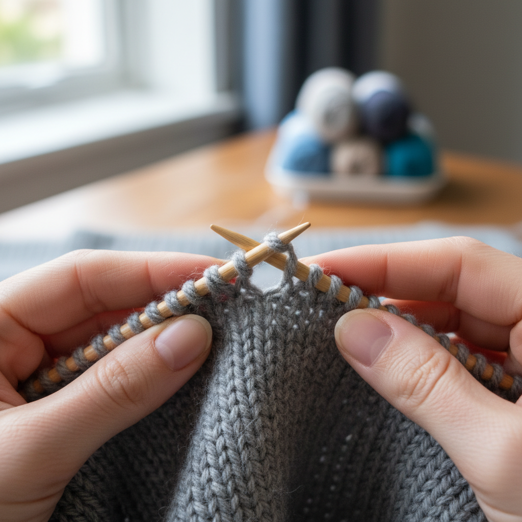 Hands performing a three-needle bind-off on a finished sweater shoulder seam with natural light from the left