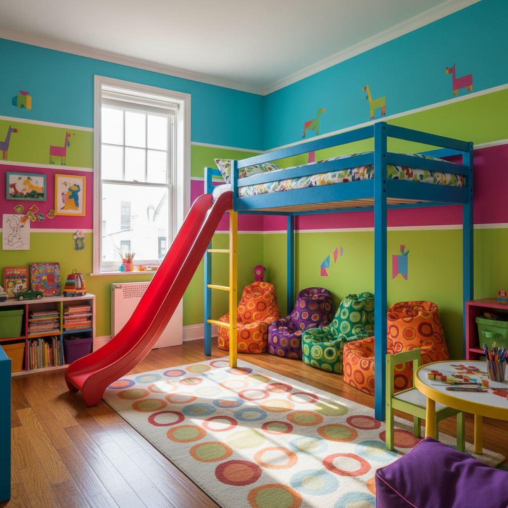 Custom loft bed with built-in slide and climbing wall in a bright kids bedroom, warm wood tones