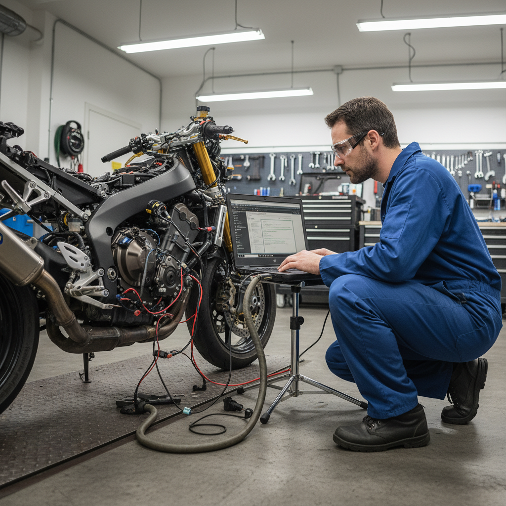 Mechanic using a laptop diagnostic tool connected to a modern vehicle ECU in a bright garage