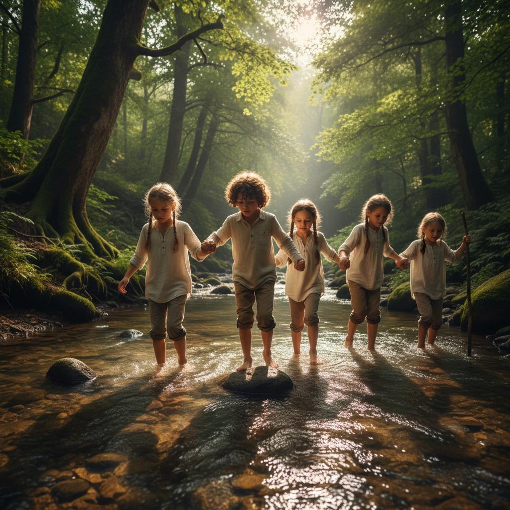 Group of kids crossing a shallow river in a forest, focused and helping each other