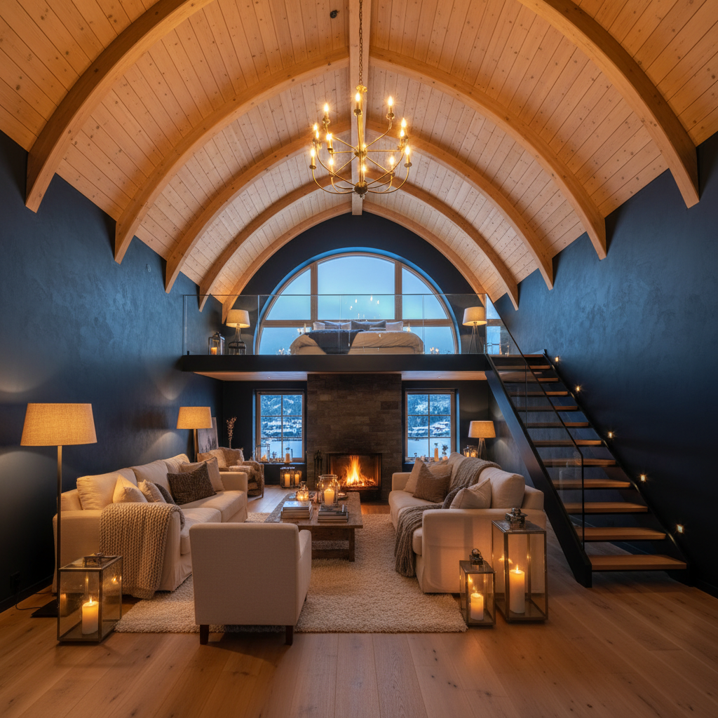 Tromsø loft apartment with vaulted ceiling, dark navy walls, and warm candlelight-inspired Kelvin lighting
