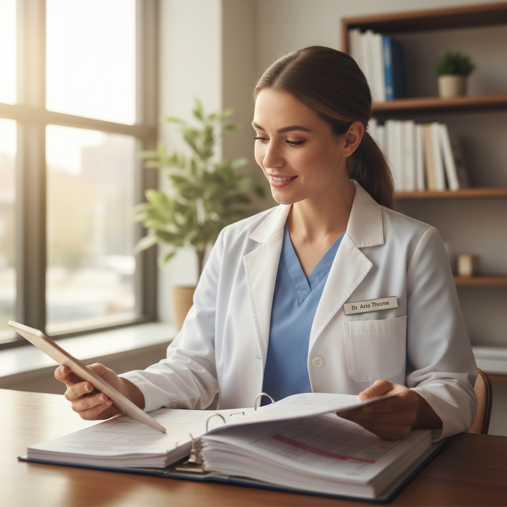African doctor in white coat with stethoscope smiling while reviewing patient records in modern clinic