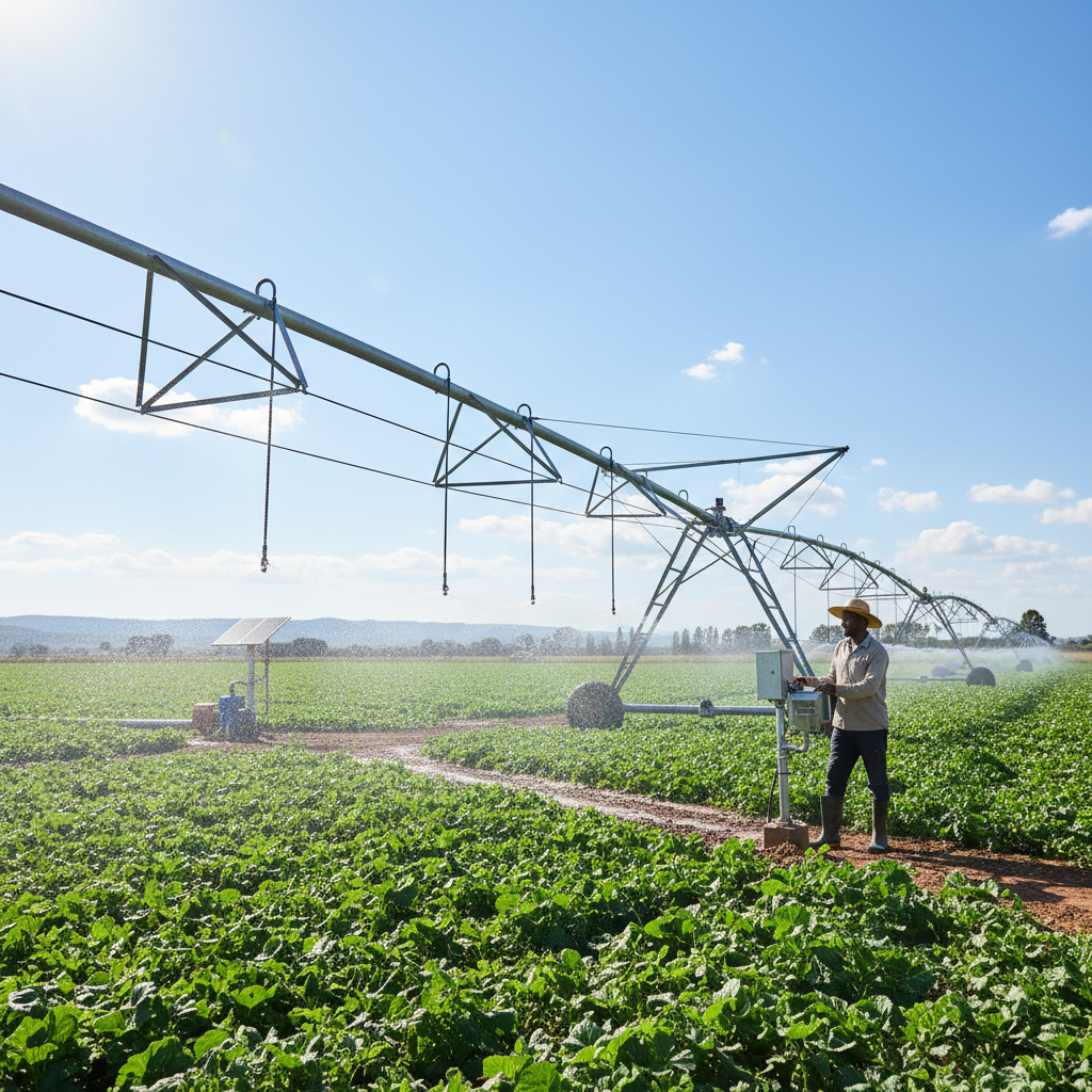 Professional irrigation system installer working in sunny garden, bright outdoor daylight, green plants