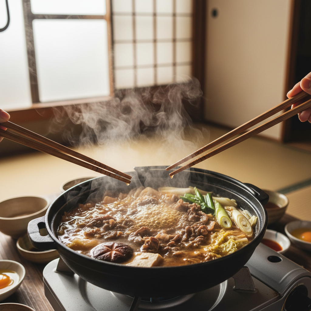 Two pairs of chopsticks reaching into steaming sukiyaki pot from across table