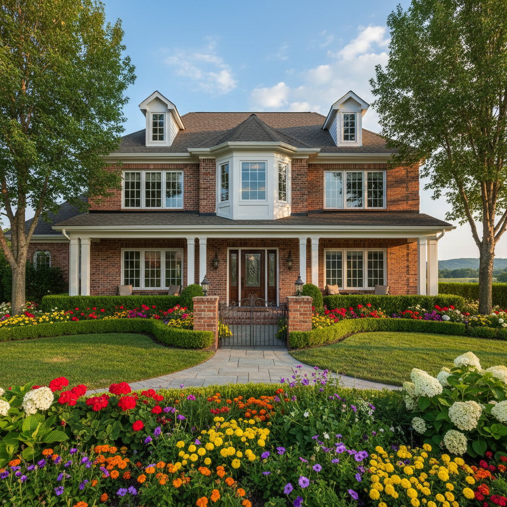 Traditional two-story house with brick facade, mature trees in yard, warm afternoon light, residential neighborhood