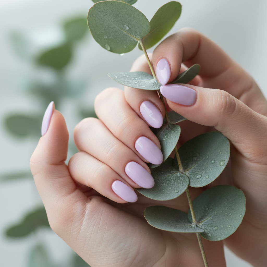 Hands with pastel lavender nails holding a sprig of eucalyptus