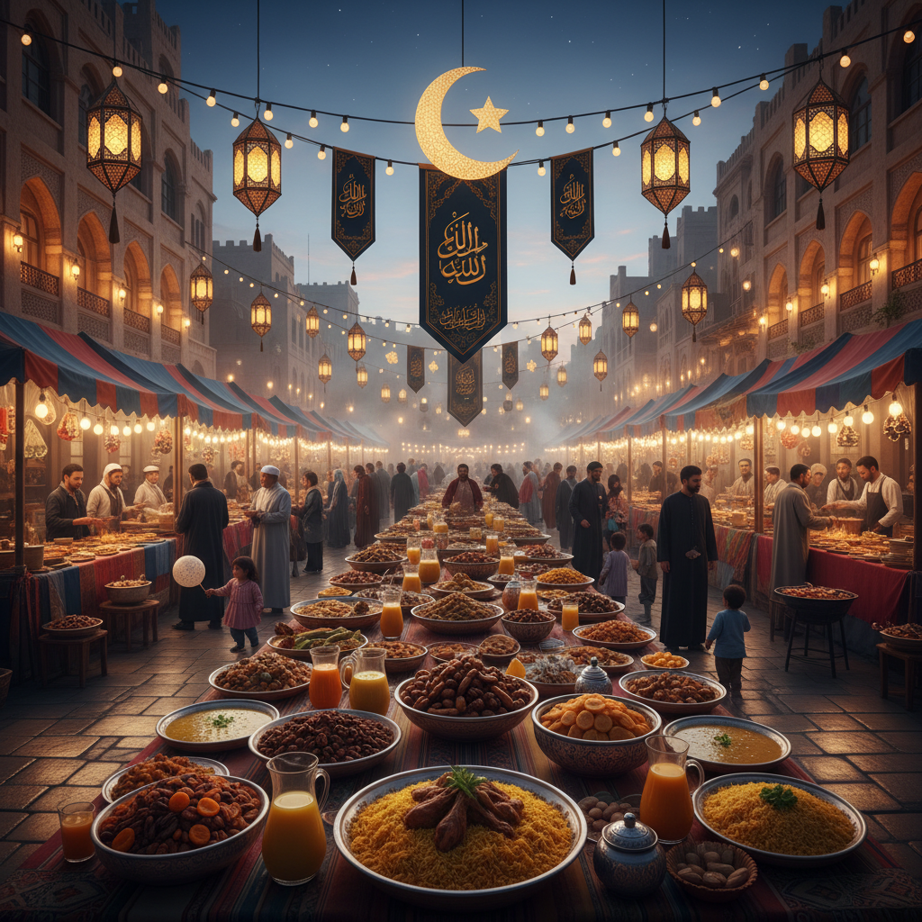 Ramadan Food Festival featuring traditional iftar dishes, dates, and festive decorations at Mehran Walk
