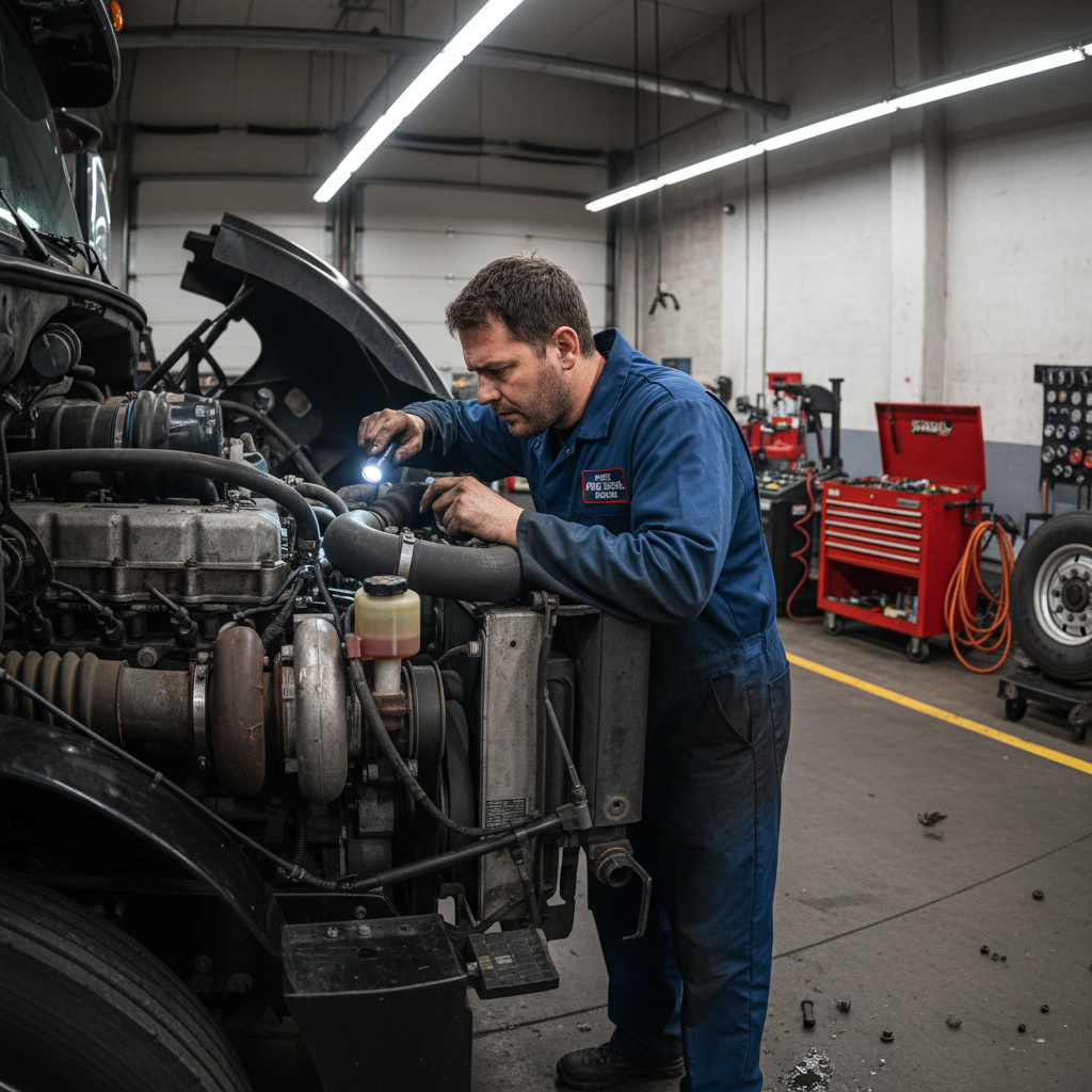 Heavy-duty Ford diesel truck engine bay with new components installed, clean workshop environment, bright overhead lighting",