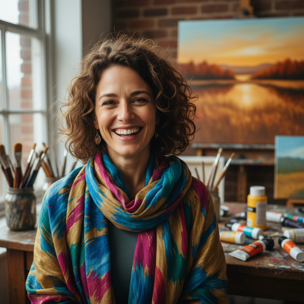 Female art teacher with creative background