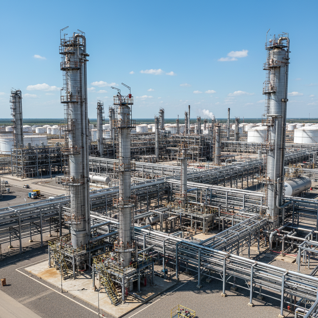 Oil refinery with tall distillation columns and industrial pipelines under a bright blue sky