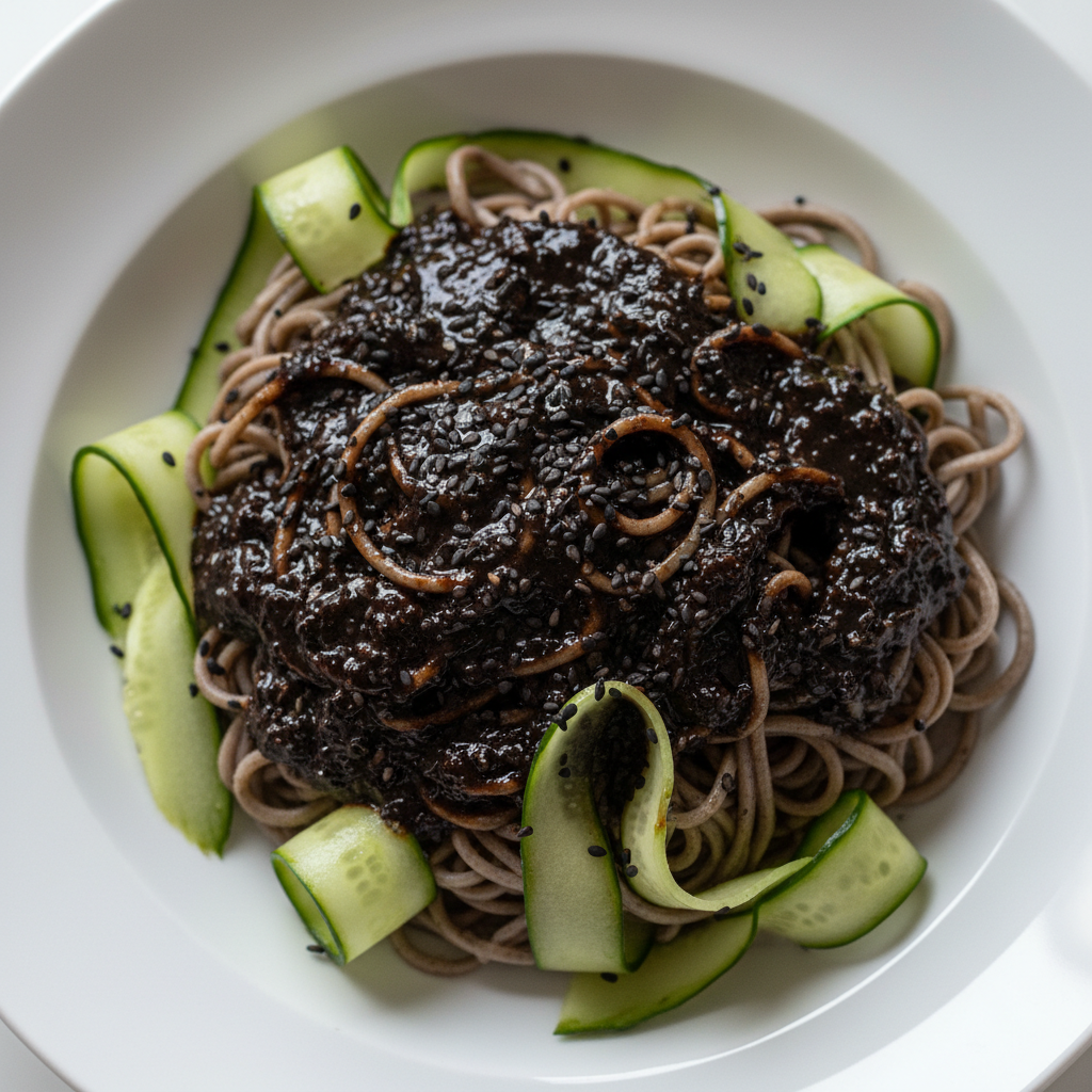 Chilled soba noodles in dark black sesame dressing with cucumber ribbons, photographed from above on white ceramic