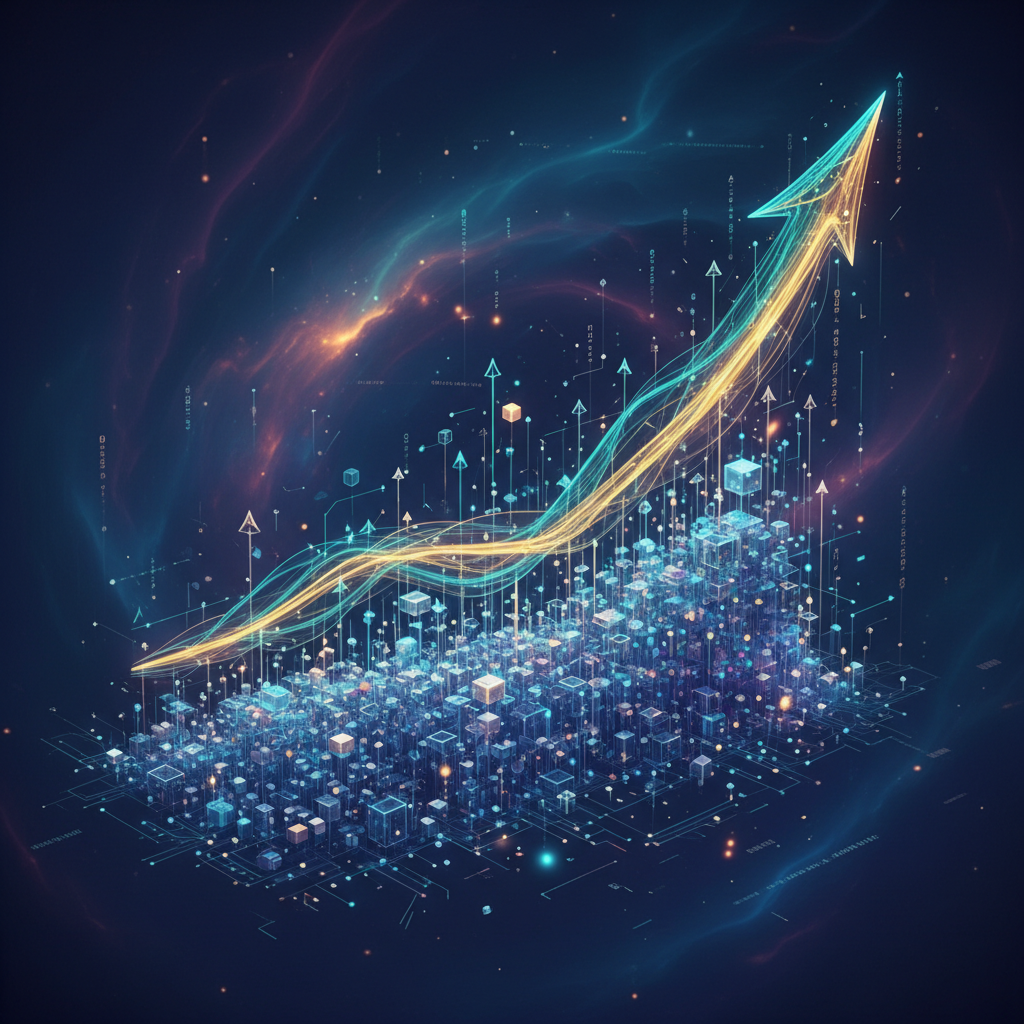 Dark business growth chart with glowing cyan lines and electric highlights on obsidian background