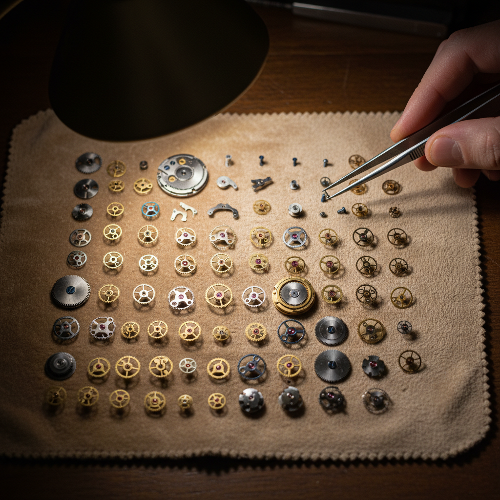 Overhead view of a disassembled mechanical watch movement laid on chamois cloth, tweezers mid-reach, hard directional desk lamp raking light across bridges and jewels