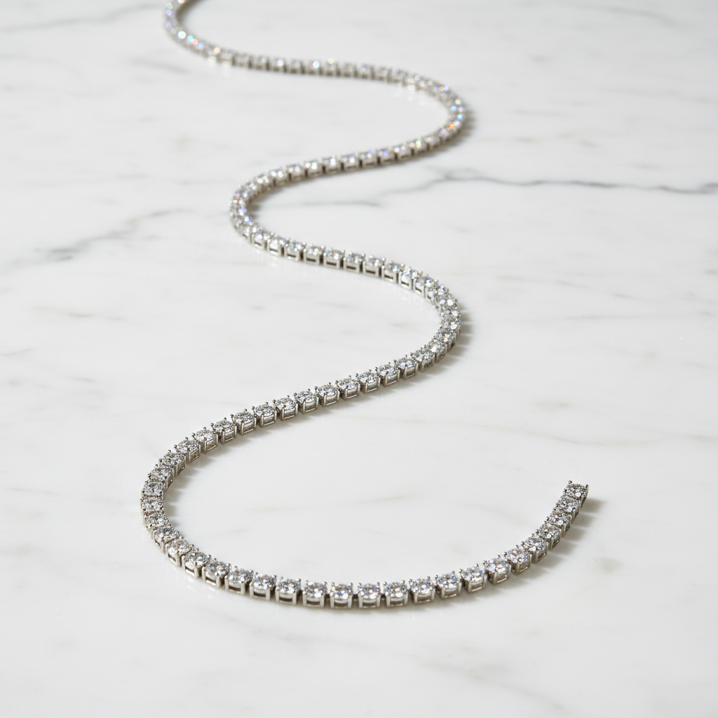Gold statement necklace on white marble, luxury jewelry photography, warm studio light