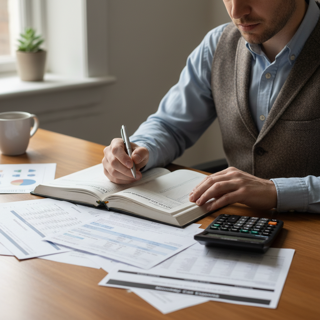 Person calculating car budget with financial documents, calculator, and pen on a clean desk — planning how much car they can afford in 2026