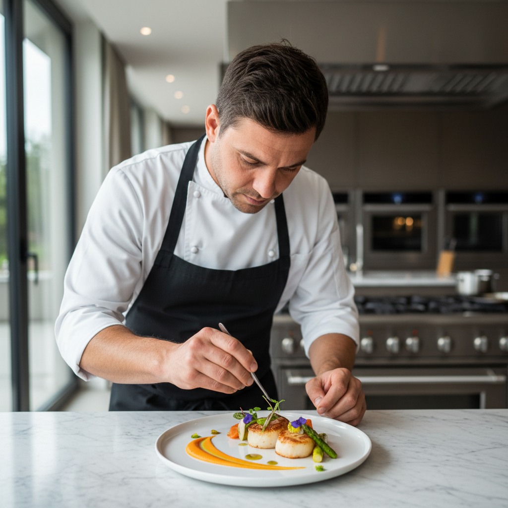 Michelin-trained private chef preparing an exquisite gourmet meal in a luxury villa kitchen with premium ingredients and professional equipment